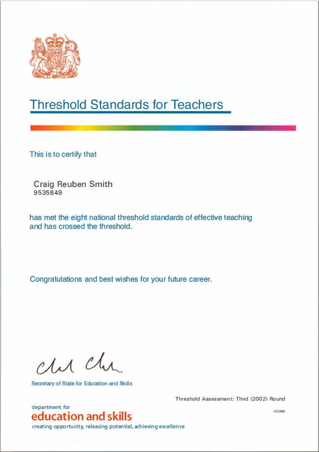 Threshold Standards for Teaching certificate