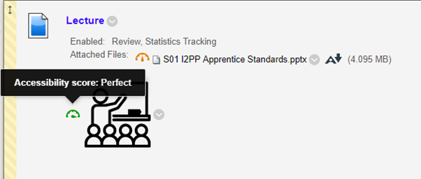 Screenshot showing Blackboard Ally Accessibility score: Perfect