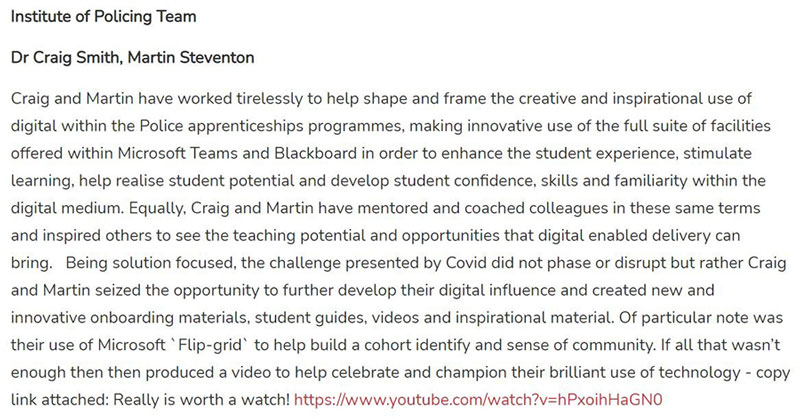 Screenshot of Celebrating Staff Success Team Nominations