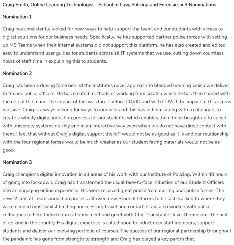 Screenshot of My Celebrating Staff Success Nominations