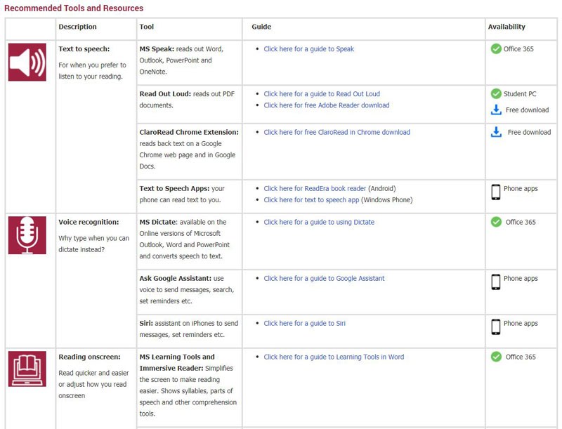Screenshot of library page showing digital tools for accessibility