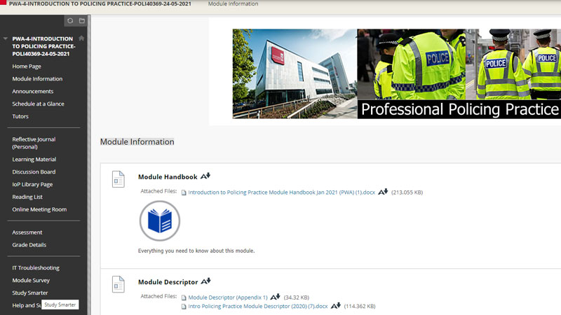 Screenshot of Blackboard module showing Study Smarter link