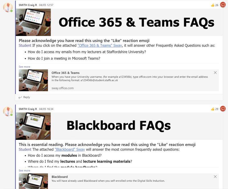 Screenshot of Teams posts