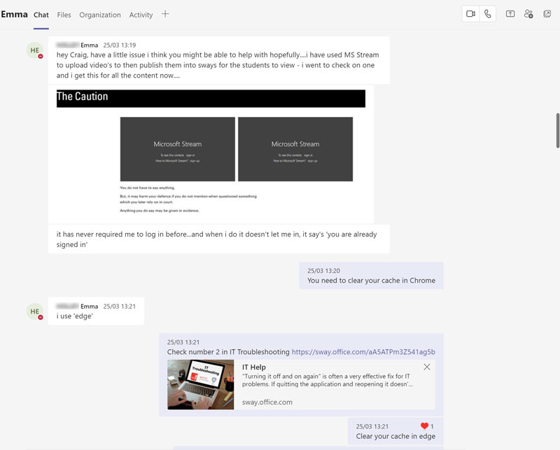 Screenshot of Teams chat with a trainer